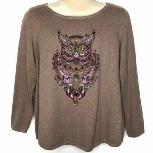 ZENERGY Chico’s Sweater Size 2 
COTTON-CASHMERE BLEND JEWELED OWL TOP - Picture 1 of 7